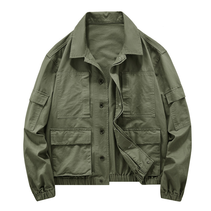 美式工装外套男士夹克多口袋纯棉薄款翻领牛仔外套加肥加大码上衣