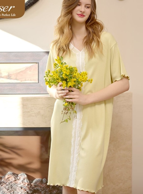 caser凯撒夏季女士罗纹V领蕾丝短袖家居睡裙连衣裙睡衣BP01-6881