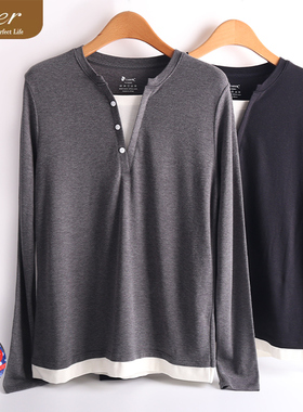 caser凯撒女士50支馨思特V领假两件拼色上衣打底长袖衫BK63-F558