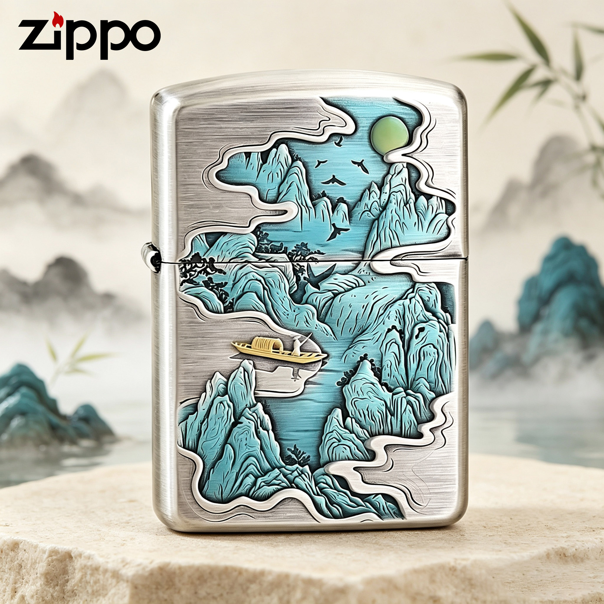 zippo防风打火机煤油正品熏银轻舟已过万重山送男朋友生日礼物