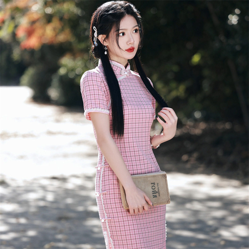 粉色棉麻格子旗袍2023新款改良年轻款少女中长款祺袍小个子连衣裙怎么样,好用不?