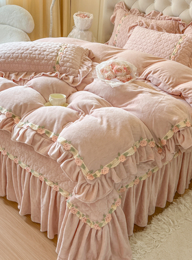 冬季少女加厚牛奶绒四件套公主风双面毛绒珊瑚绒花边被套夹棉床盖