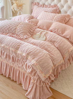 冬季少女加厚牛奶绒四件套公主风双面毛绒珊瑚绒花边被套夹棉床盖