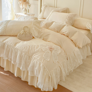 法式 少女心奶油风全棉四件套公主风纯棉蕾丝花边被套床单床裙床品