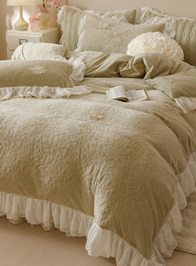 法式冬季复古加厚牛奶绒四件套公主风雕花蕾丝毛绒被套珊瑚绒床盖