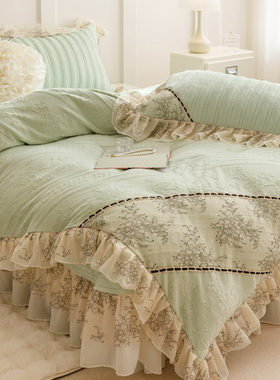 法式冬季加厚保暖牛奶绒四件套公主风雕花毛绒蕾丝被套珊瑚绒床盖
