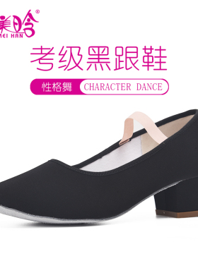 儿童芭蕾性格舞鞋带跟考级专用代表性练功民族舞蹈鞋女黑色跟鞋