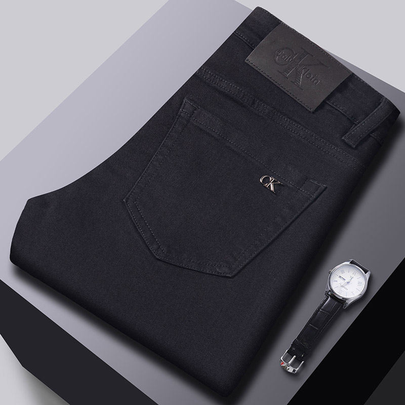 秋冬新款纯黑高端弹力牛仔裤男士修身简约小直筒休闲商务男装百搭