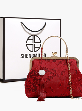 圣米洛新中式刺绣红色包包女斜挎包国风新娘包大气婚包手提夹子包