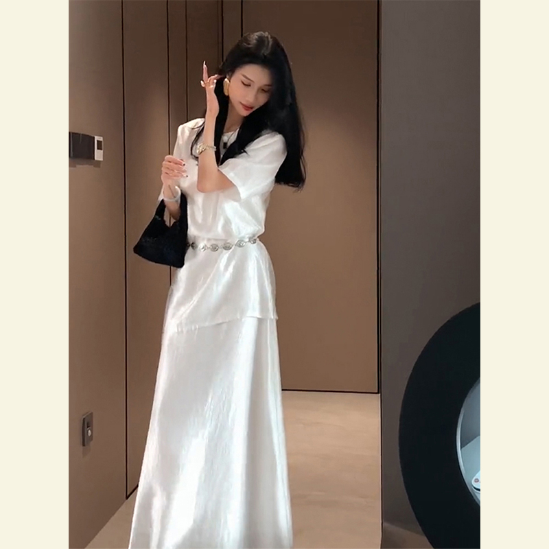 【现货秒发】夏季气质女神范高级感端庄大气白色醋酸缎面连衣裙女