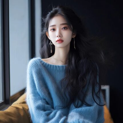 【现货秒发】2024爆款森系高级感日系复古宽松慵懒蓝色圆领毛衣女