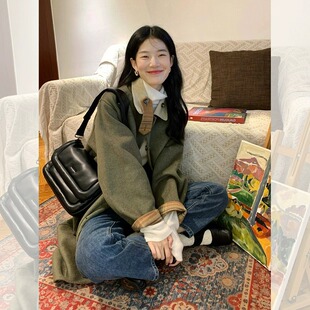 【现货秒发】秋冬季长版格子毛呢外套学院赫本风复古绿色大衣女