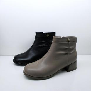 周末有约2025秋冬新款女低跟羊皮时尚圆头百搭短靴单靴平跟半跟靴