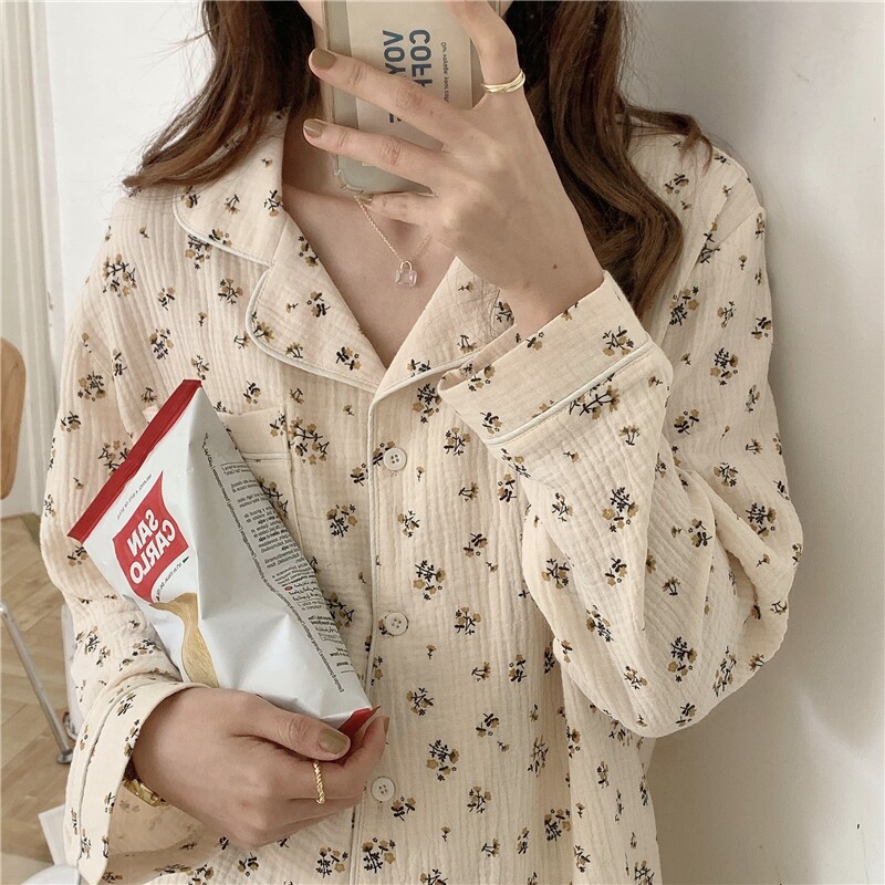 JAPANESE PASTORAL FLORAL PAJAMAS WOMENS SPRING AND AUTUMN 2023 NEW LOOSE KOREAN LOUNGEWEAR STUDENT LONG SLEEVE SUIT