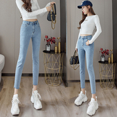 2025年秋冬加绒八分软牛仔小脚裤 女生浅蓝色弹力包身小个子铅笔裤