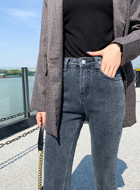 蓝灰色八分小脚铅笔裤女秋冬薄绒矮小个子148cm150弹性九分牛仔裤