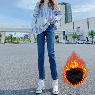 2025秋冬加绒白色八分直筒女牛仔裤弹力小个子显高弹性高腰烟管裤
