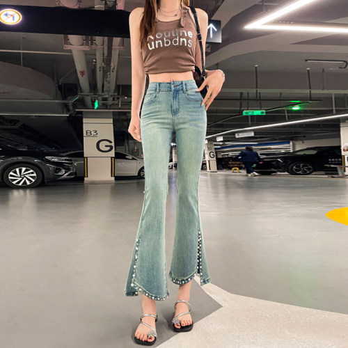 新款八分裤钉珠开叉微喇牛仔裤女