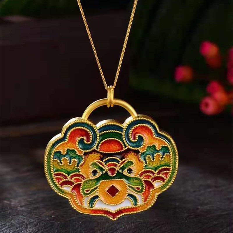 越南沙金古法传承老金工艺烧蓝瑞兽狮吊坠 景泰蓝珐琅彩长款项链