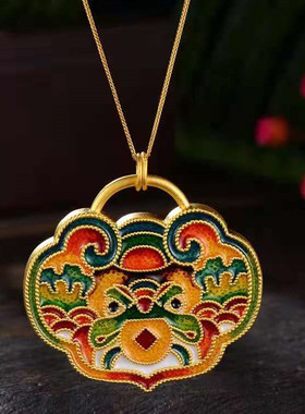 越南沙金古法传承老金工艺烧蓝瑞兽狮吊坠 景泰蓝珐琅彩长款项链