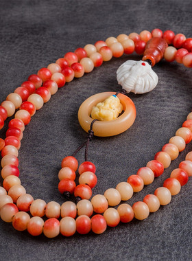 半血驼骨牛骨108颗圆珠象神跑环钩子貔貅骨牌吊坠佛珠挂脖珠男士