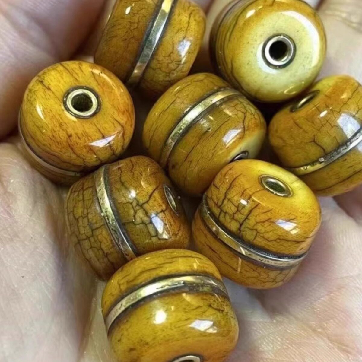 藏传牦牛骨嵌铜工艺药师珠桶珠藏式佛珠手串DIY手工珠配珠散珠