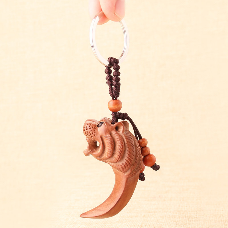 桃木老虎头虎牙挂件钥匙扣属虎吉祥物白虎法令杜虎吊坠饰品