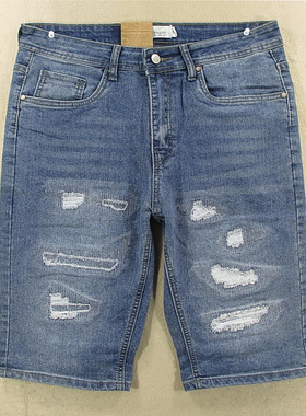 08-5907/W209*牛仔裤男中裤30码欧版复古破洞补丁弹力修身五分裤