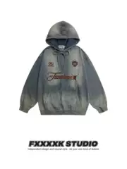 Fxk Original Vintage American Retro Washed Distressed Embroidered Letters Hooded Denim Sweatshirt Jacket Autumn