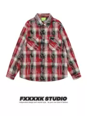 Fxk Original American Retro Unique Design Ripped Plaid Long-Sleeve Shirt Men's Pure Cotton Shirt Jacket