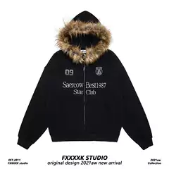 Fxk Original Couple's Outfit American Style Trendy Brand Fleece-Lined Thickened Fur Collar Hooded Cardigan Sweatshirt Jacket for Men and Women