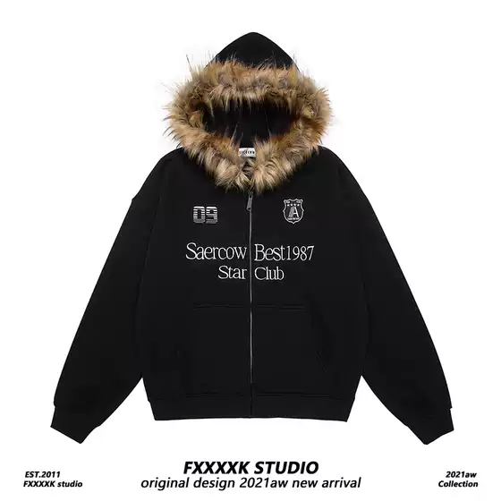 Fxk Original Couple's Outfit American Style Trendy Brand Fleece-Lined Thickened Fur Collar Hooded Cardigan Sweatshirt Jacket for Men and Women