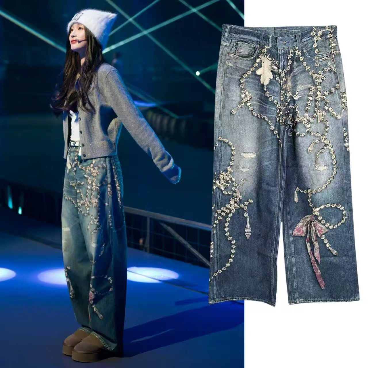 吴宣仪同款牛仔裤女2025年冬季新款高腰显瘦直筒阔腿拖地长裤子3D