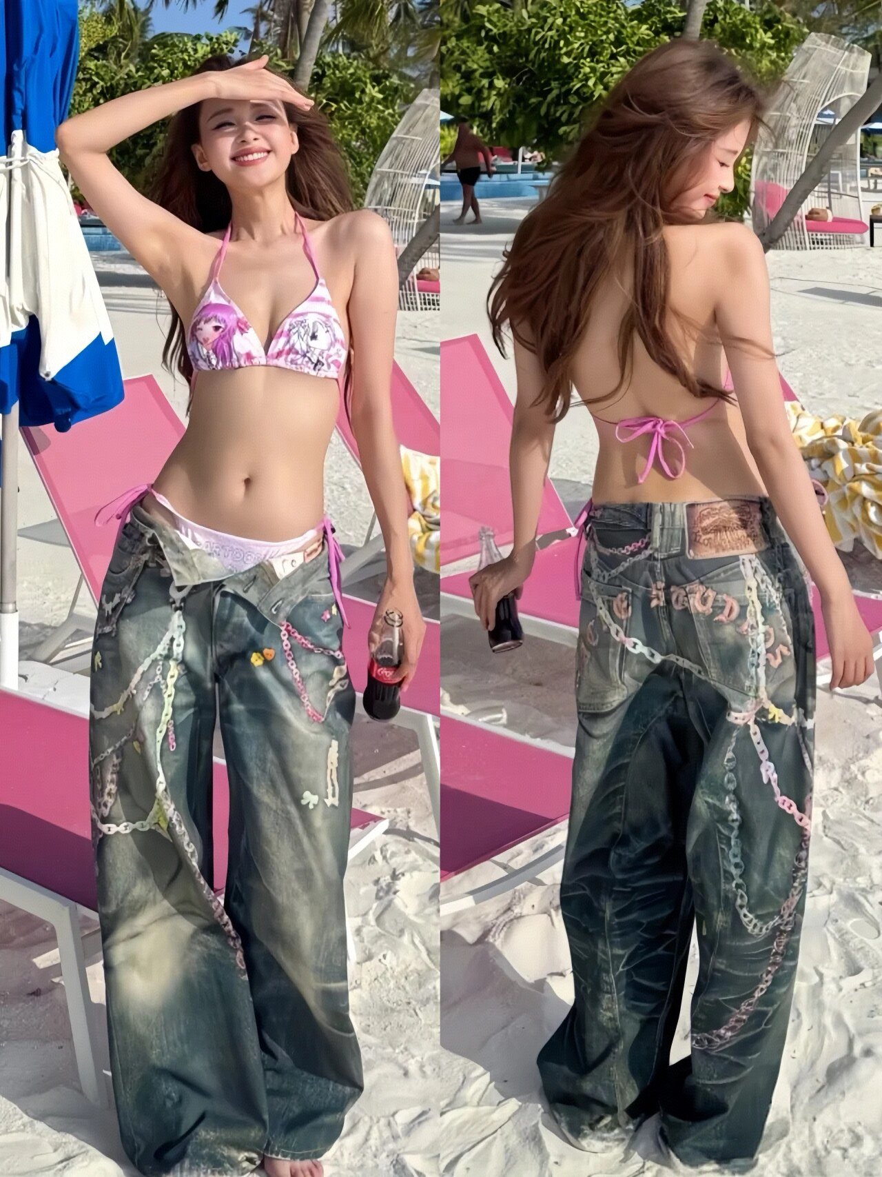 孙怡同款牛仔裤女2025年夏季新款潮流街头3D打印糖果链条休闲长裤