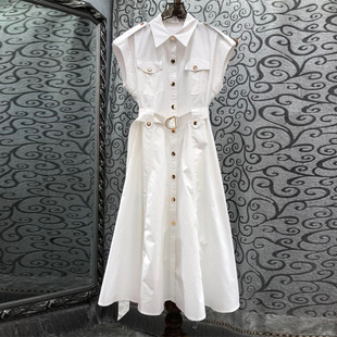 初溯家2026早春新款欧货女装小翻领单排扣腰带收腰显瘦休闲连衣裙