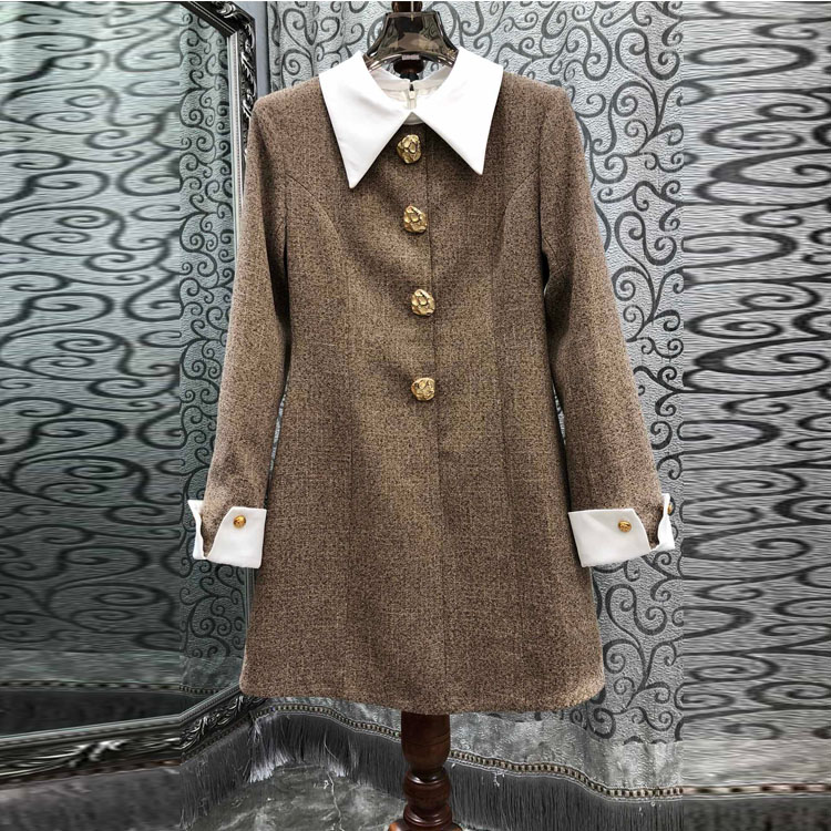 初溯2025秋冬新款欧货女装撞色翻领收腰显瘦A字连衣裙长袖气质裙