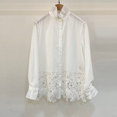 初溯2025秋季 下摆镂空水溶花拼接立领单排扣纯棉衬衫 新品 欧货女装