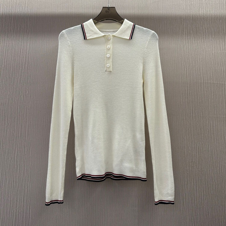 初溯2025秋季新款欧货女装撞色条纹Polo领细羊毛修身针织衫上衣