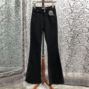 初溯2025秋冬新款欧货女装裤脚毛边烫钻弹力修身高腰微喇牛仔裤