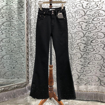 初溯2025秋冬新款欧货女装裤脚毛边烫钻弹力修身高腰微喇牛仔裤