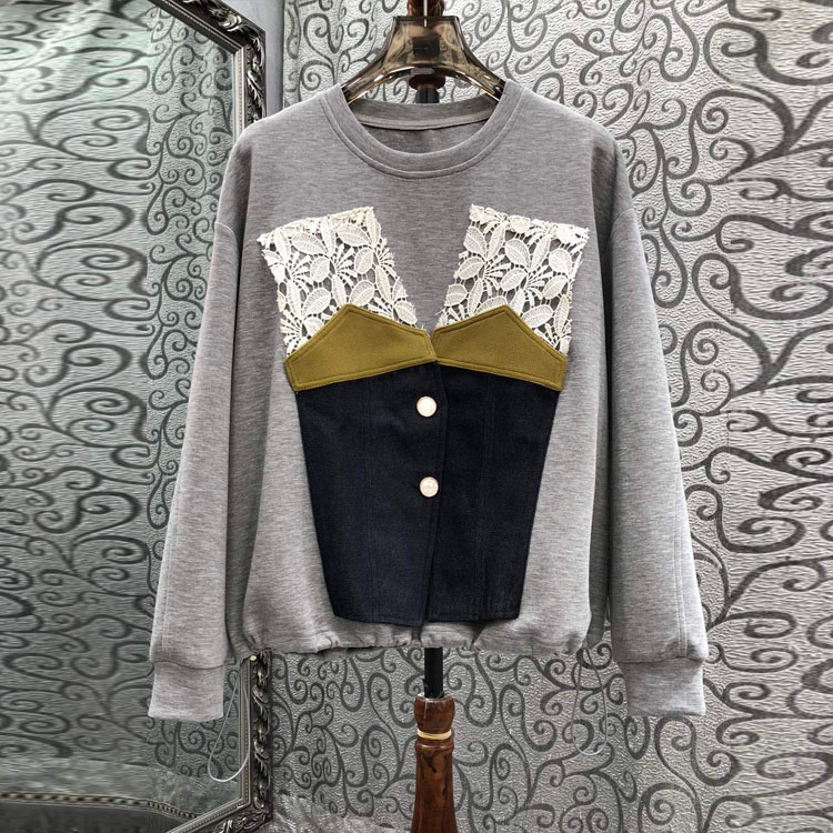 初溯2025秋冬新款欧货女装拼色蕾丝下摆抽绳圆领套头假两件卫衣
