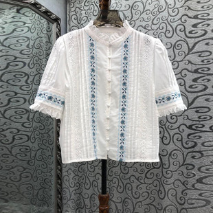 减龄百搭短上衣 2025夏季 新品 欧货女装 甜美花边立领绣花蕾丝短袖