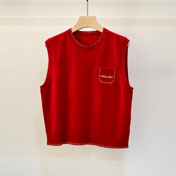 初溯2026早春新款欧货女装刺绣字母口袋圆领无袖羊毛背心叠穿马甲,女装/女士精品,毛衣,淘宝优惠券,粉丝福利购,淘宝优惠卷