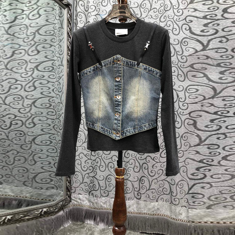 初溯家2026春季新款欧货女装吊带牛仔拼接假两件上衣法式修身显瘦