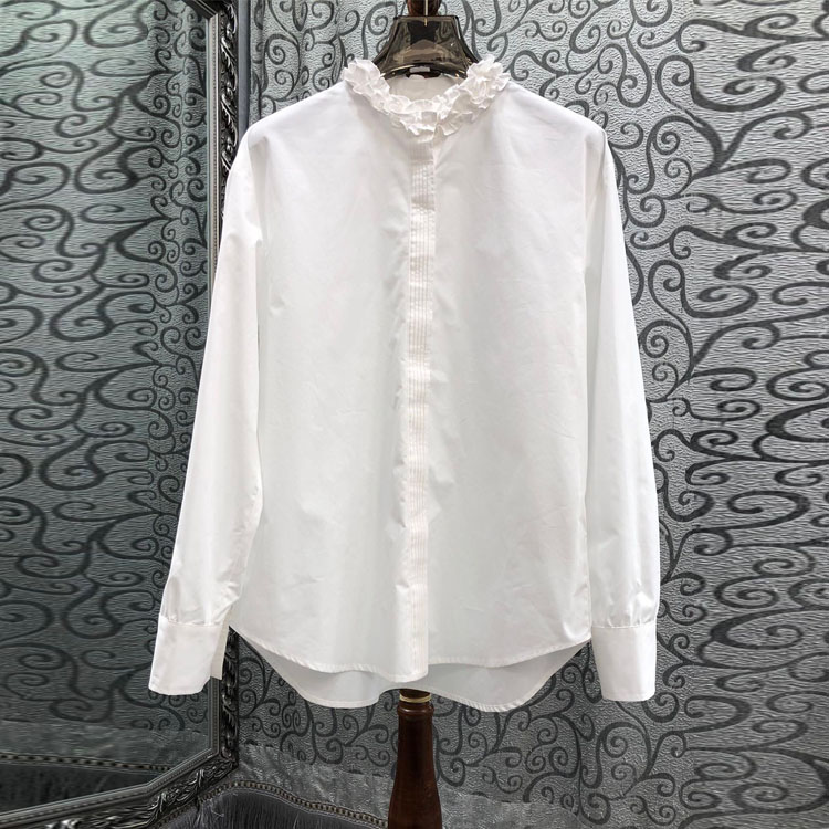初溯2025新款欧货女装衬衫法式木耳边立领白衬衣长袖百搭显瘦上衣