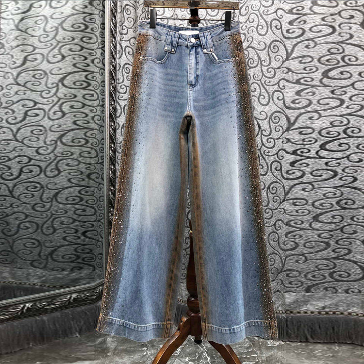 初溯2026春季新款欧货水洗做旧撞色烫钻设计感高腰直筒阔腿牛仔裤