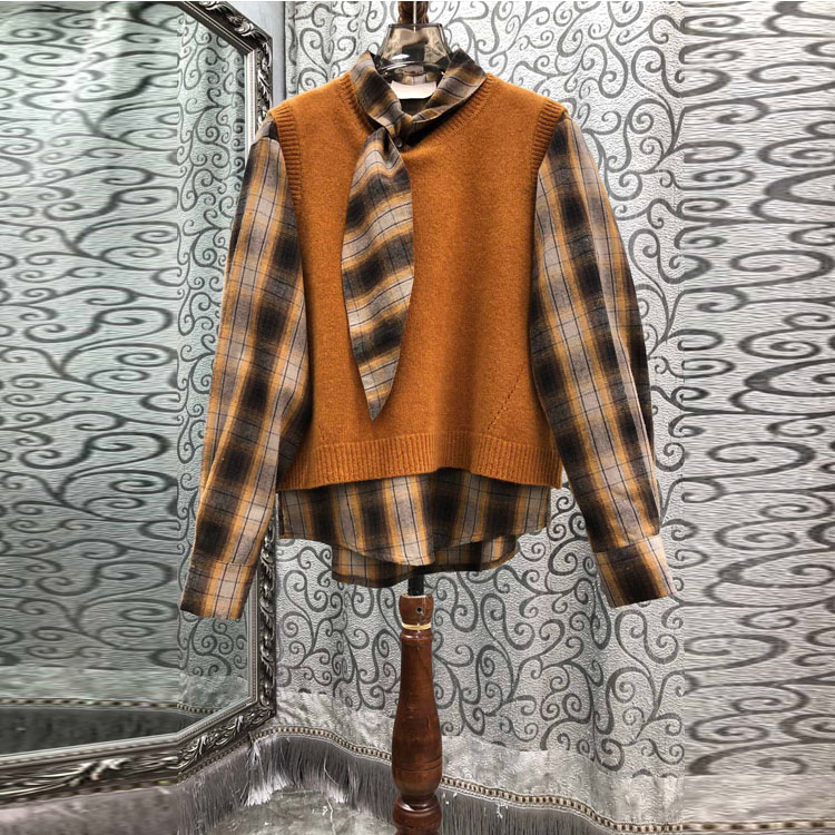 初溯2025秋冬新款欧货女装领结格子拼接假两件针织衫毛衣通勤上衣