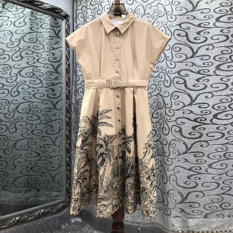 初溯2026早春新款欧货女装复古椰树印花小翻领单排扣收腰连衣裙