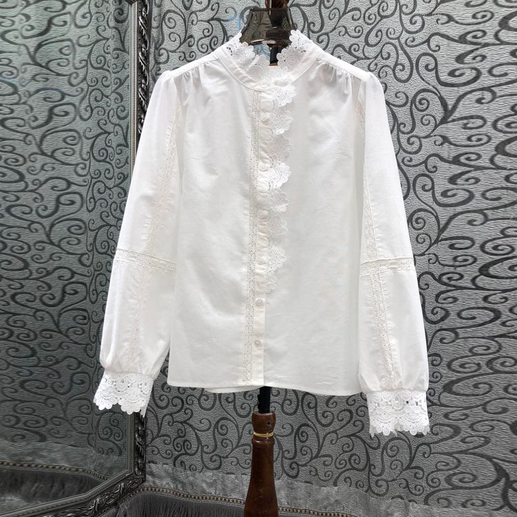 初溯家2026早春新款欧货女装法式立领蕾丝花边衬衫女白色长袖上衣