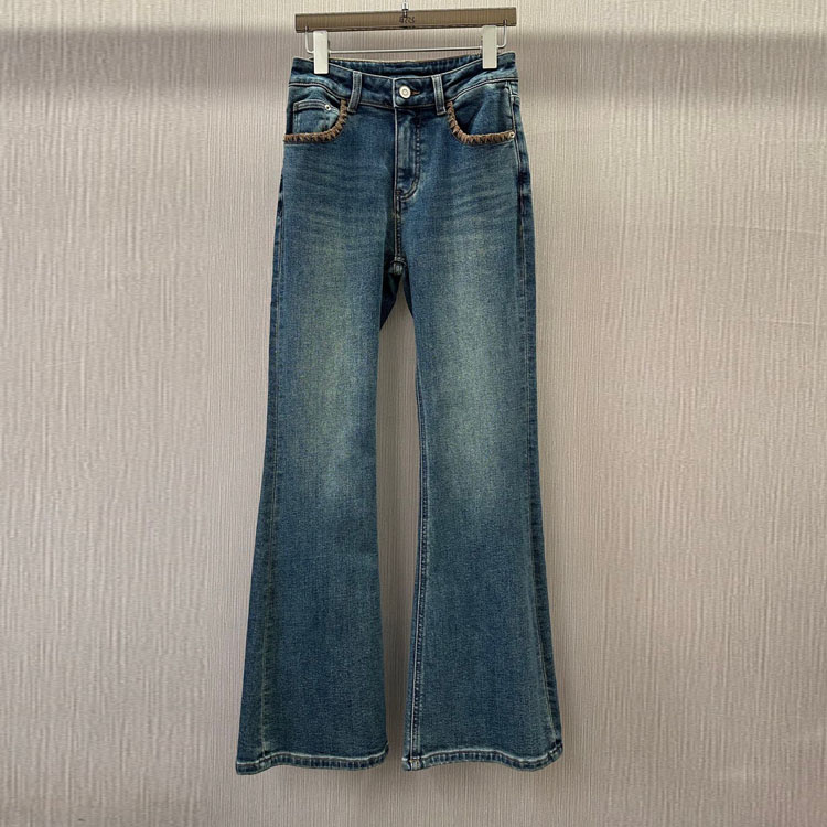 初溯2025冬季新款欧货女拼色口袋高腰加绒修身显瘦微喇牛仔裤长裤